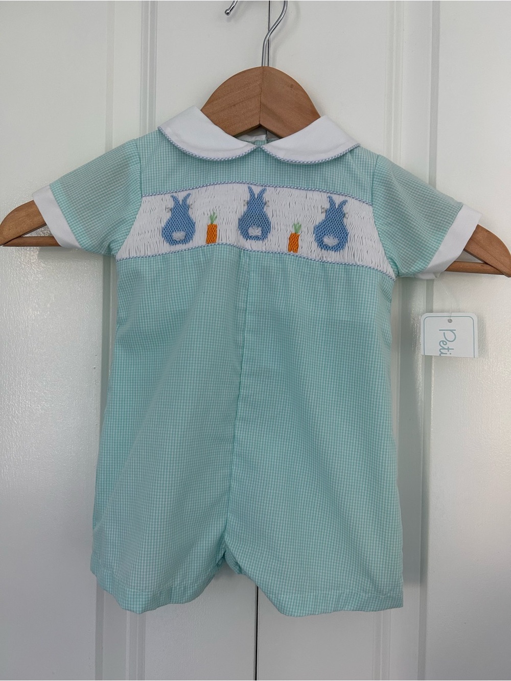 Petit Ami Blue Teal Checkered Easter Bunny Smocked Collared Romper 3 months NWT